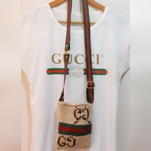 NEW Gucci Beige Knit Phone Case With Green/Red Striped Strap + GG Web Design